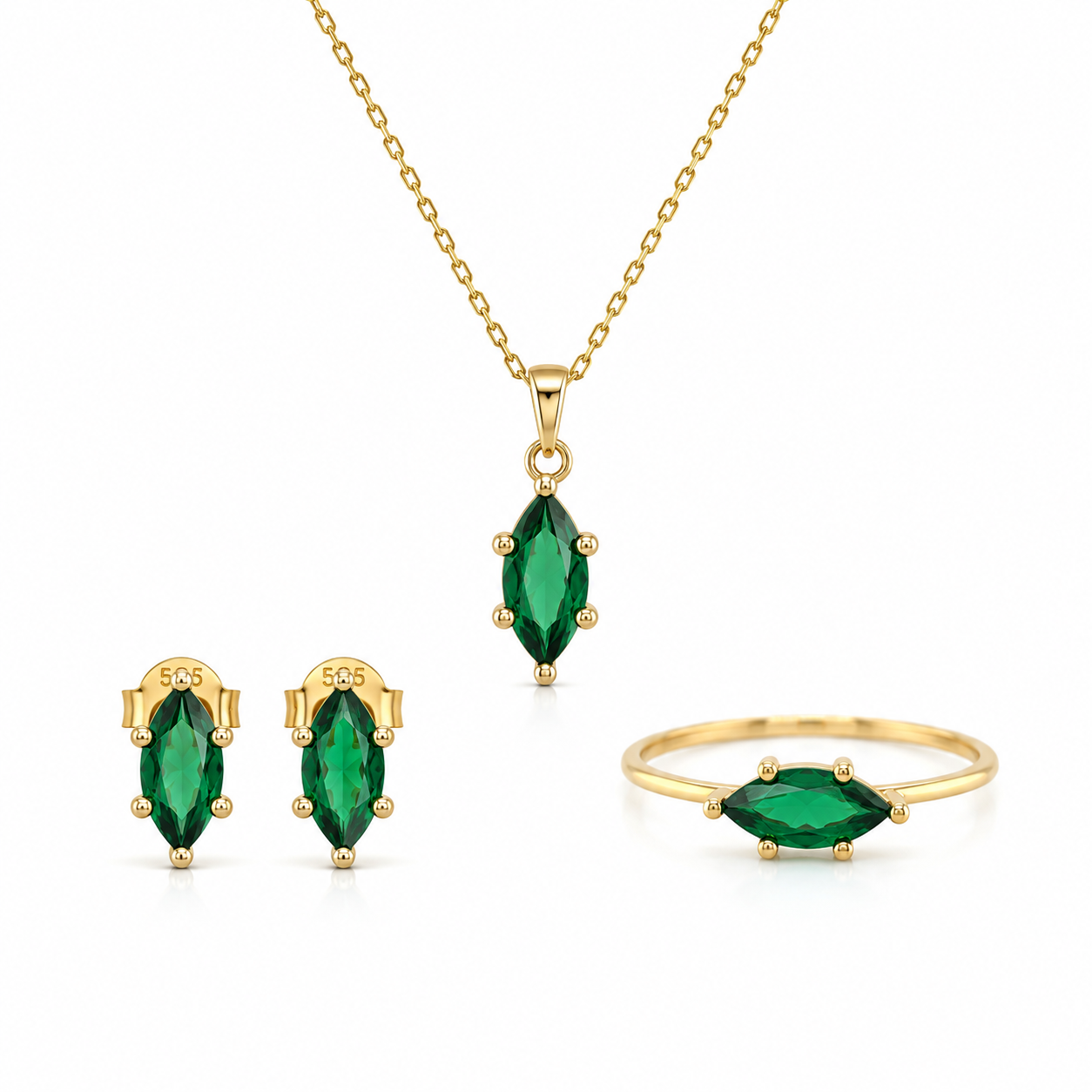 Schmuckset aus 585 Gelbgold mit grünen Zirkonia in Navetteform