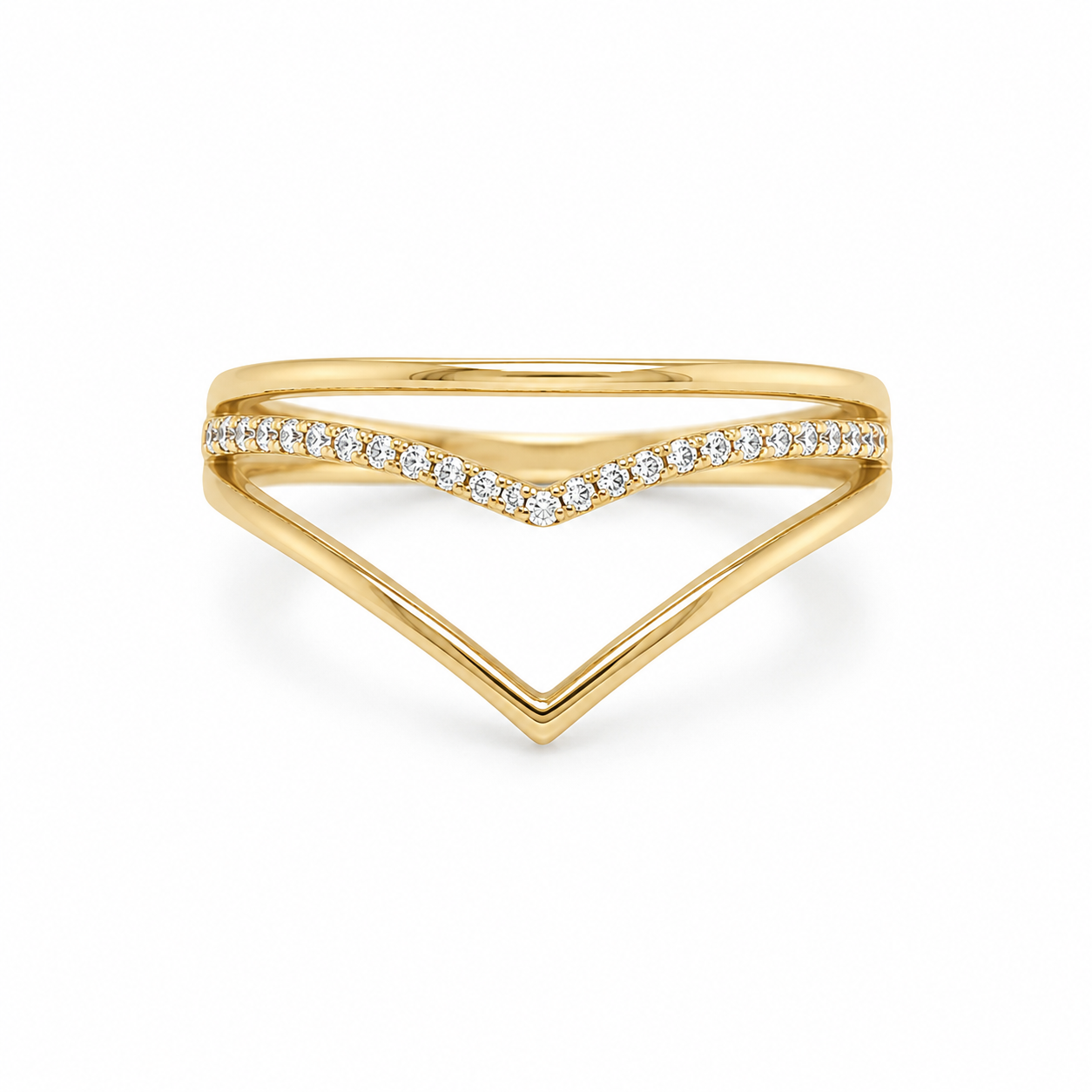 Wishbone Ring aus 585 Gelbgold mit Zirkonia in Frontansicht
