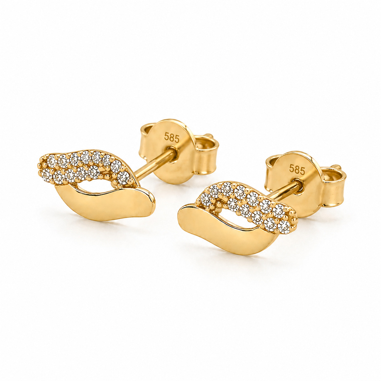 585 Gelbgold Ohrstecker geschwungen mit Zirkonia – modernes Design