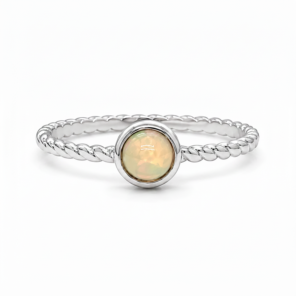 Opalring 585 Weißgold mit geflochtener Ringschiene Frontansicht