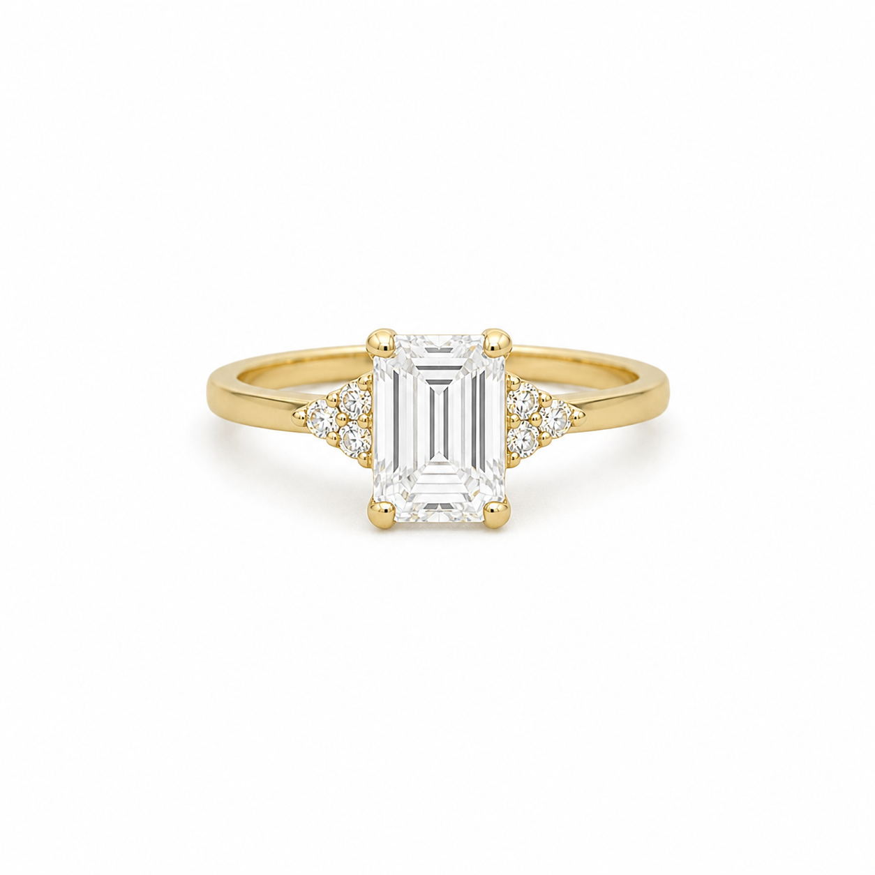 585 Gelbgold Ring mit rechteckigem Zirkonia und seitlichem Steinbesatz – eleganter Verlobungsring Größe 53
