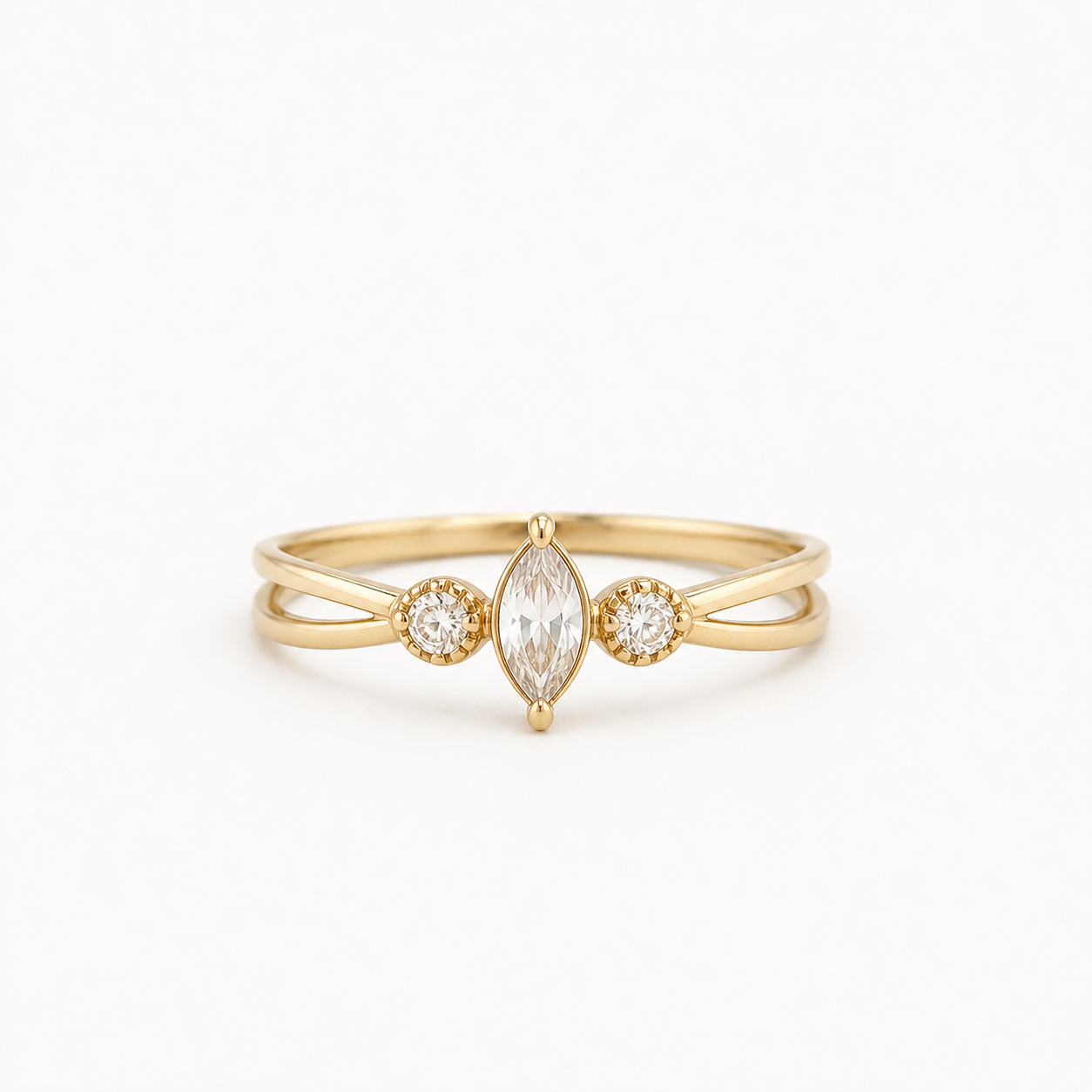 585 Gelbgold Ring mit Marquise Zirkonia und seitlichen Steinen filigranes Design Größe 52