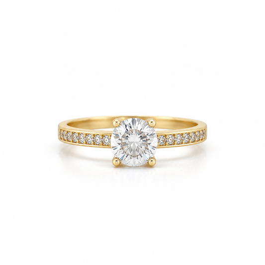 585 Gelbgold Ring mit Zirkonia Solitär und Pavé Schiene Größe 54