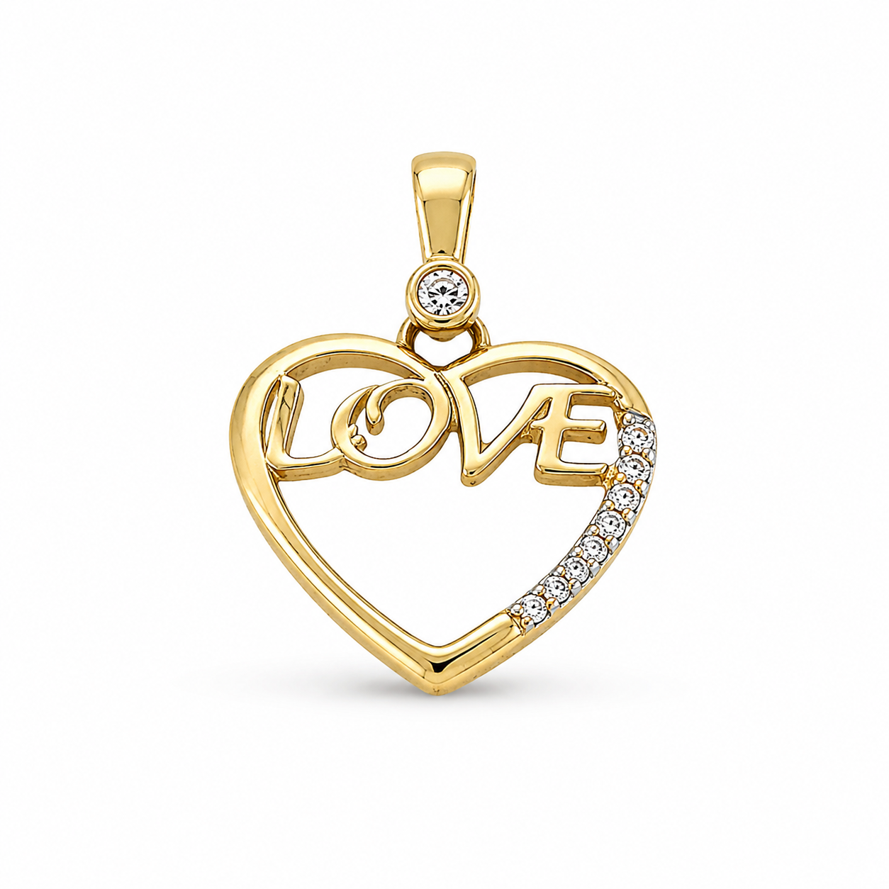 585 Gelbgold Herzanhänger mit LOVE-Schriftzug und Zirkonia-Besatz in Frontansicht