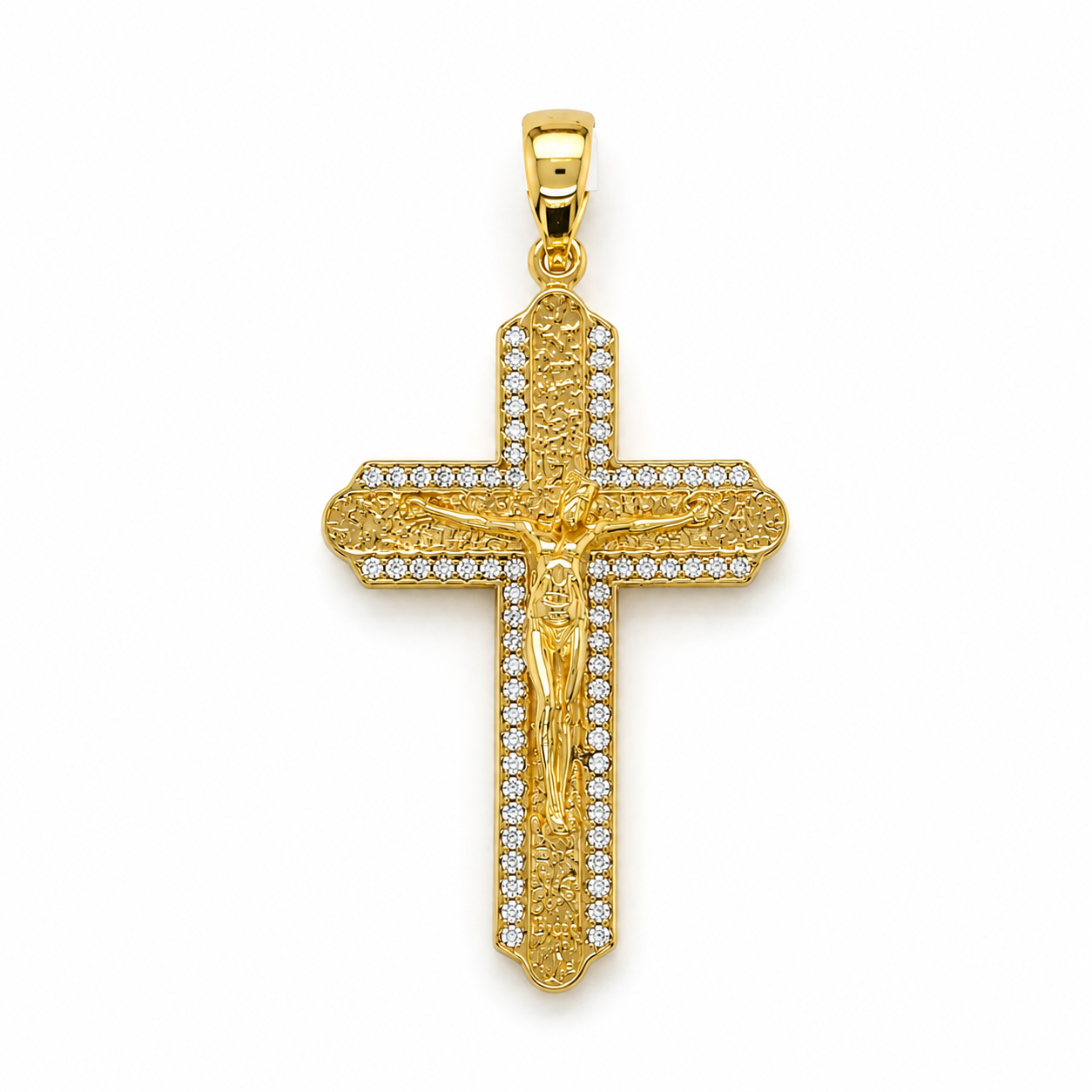 Kreuzanhänger aus 585 Gelbgold mit Zirkonia und Jesus-Korpus
