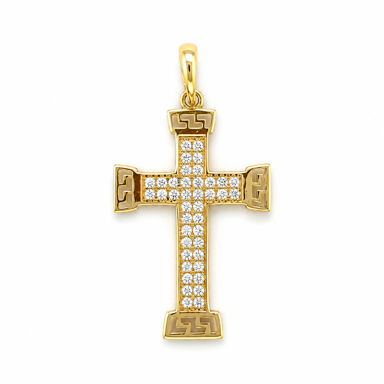 Kreuzanhänger aus 585 Gelbgold mit Zirkonia und Mäander Design