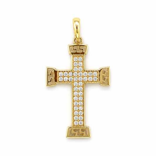 Kreuzanhänger aus 585 Gelbgold mit Zirkonia und Mäander Design