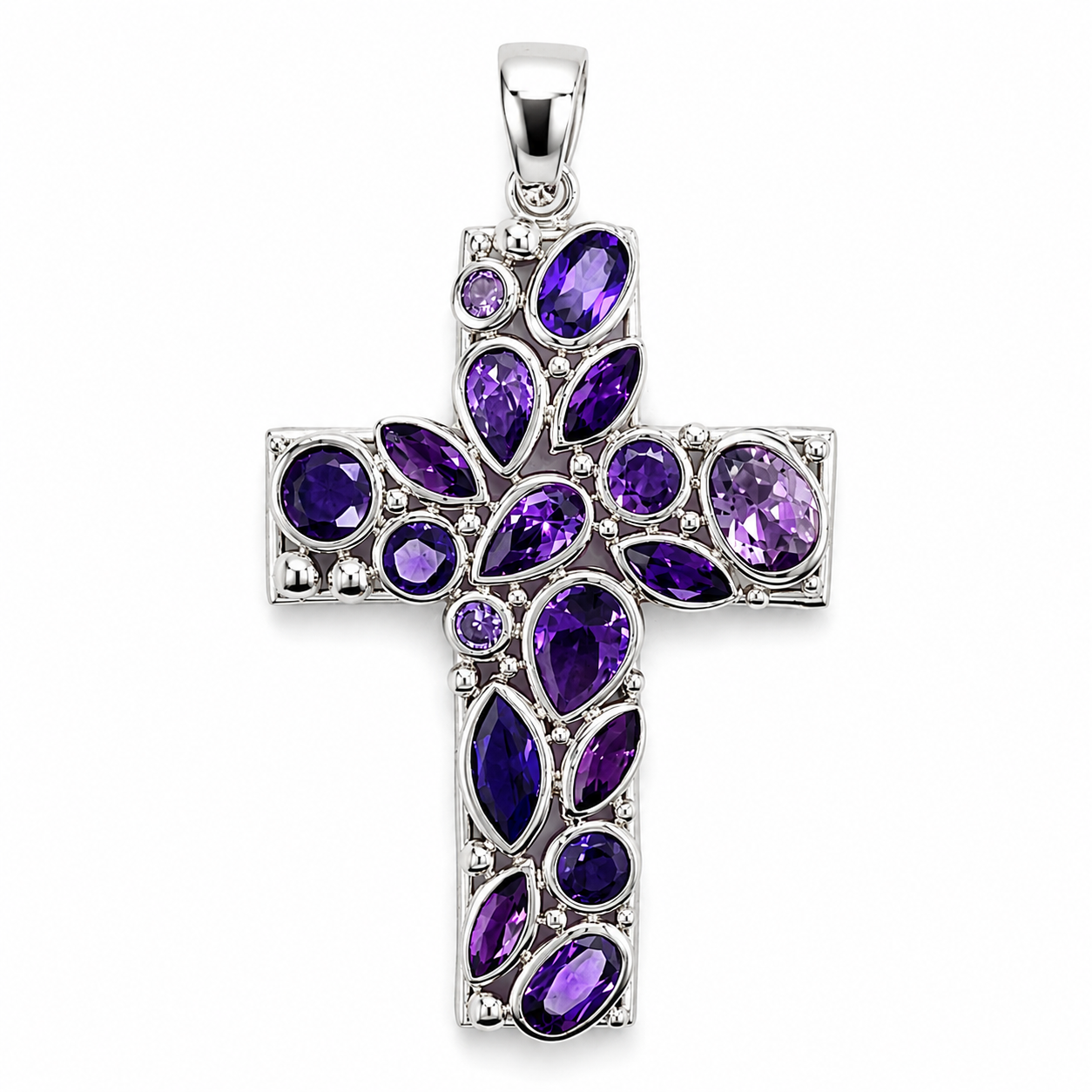 Kreuz Anhänger 585/- Weißgold mit synthetischem Amethyst – 45 mm