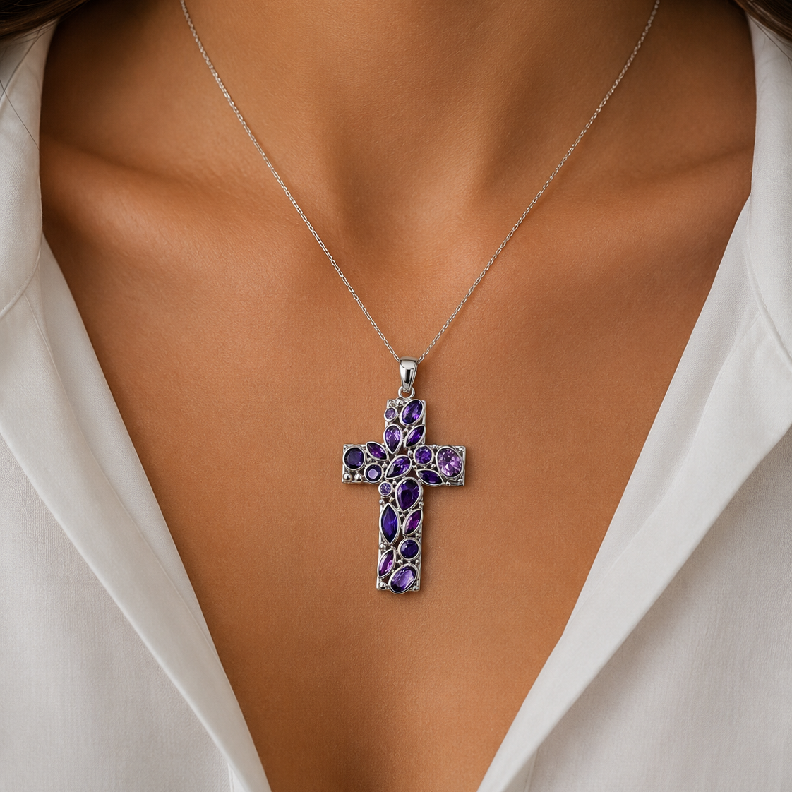 Kreuz Anhänger 585/- Weißgold mit synthetischem Amethyst – 45 mm