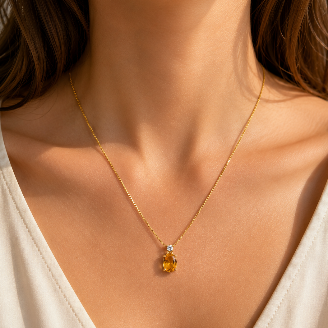 585 Gelbgold Kette mit Citrin & Brillant 0,09 ct WP – 42 cm