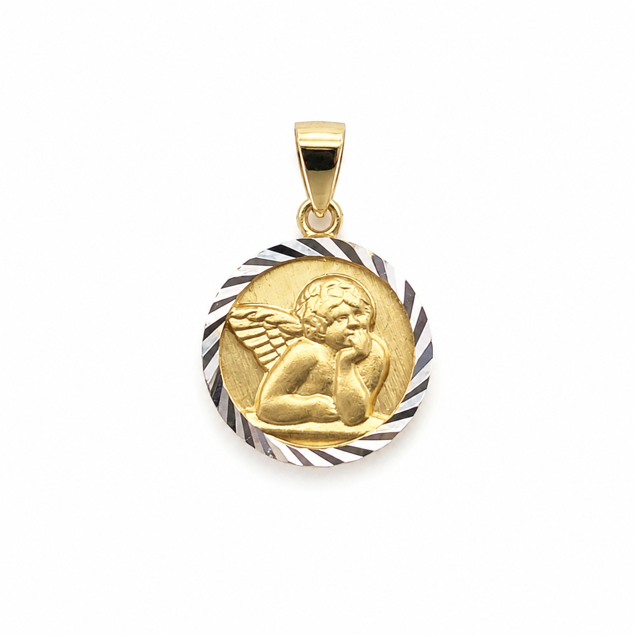 Schutzengel Anhänger aus 585 Bicolor Gold mit rundem Engelmotiv