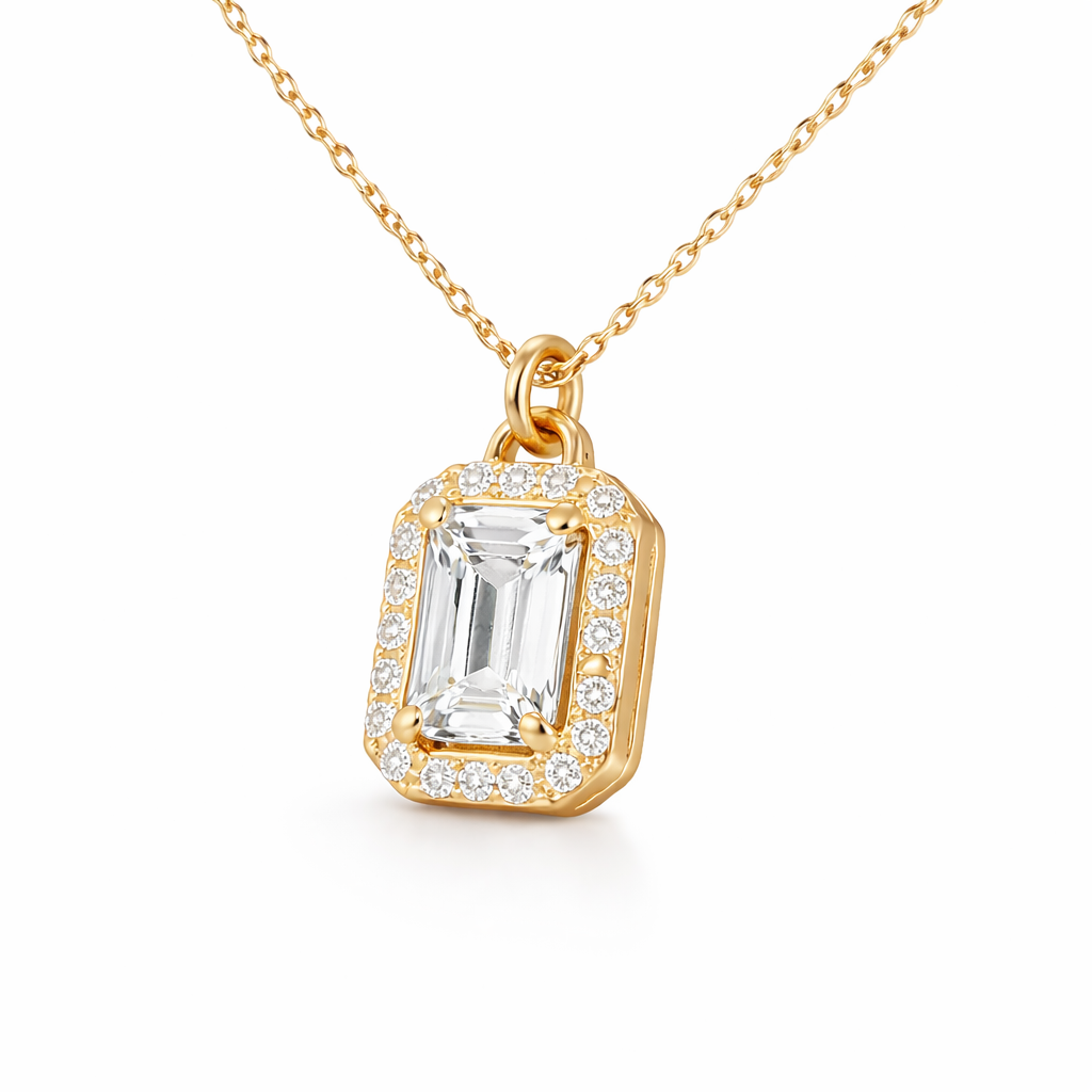 585 Gelbgold Kette mit Zirkonia Anhänger – Rechteck Solitär & Pavé