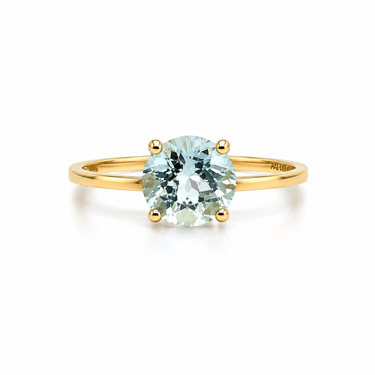 Aquamarin Ring aus 585 Gelbgold mit hellblauem Edelstein in klassischer Krappenfassung.