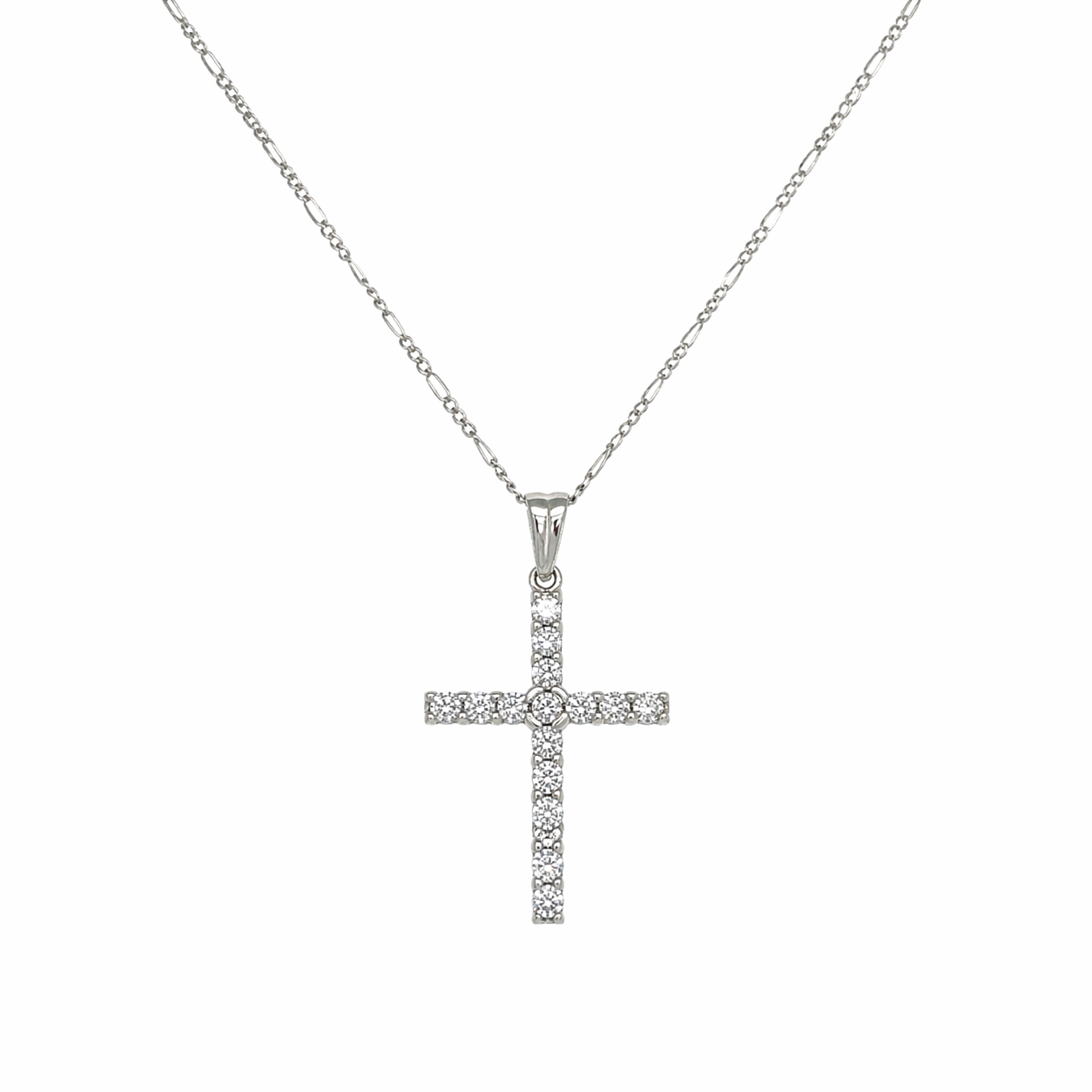 Silberkette mit Kreuz-Anhänger & Zirkonia rhodiniert – Figarokette 45 cm