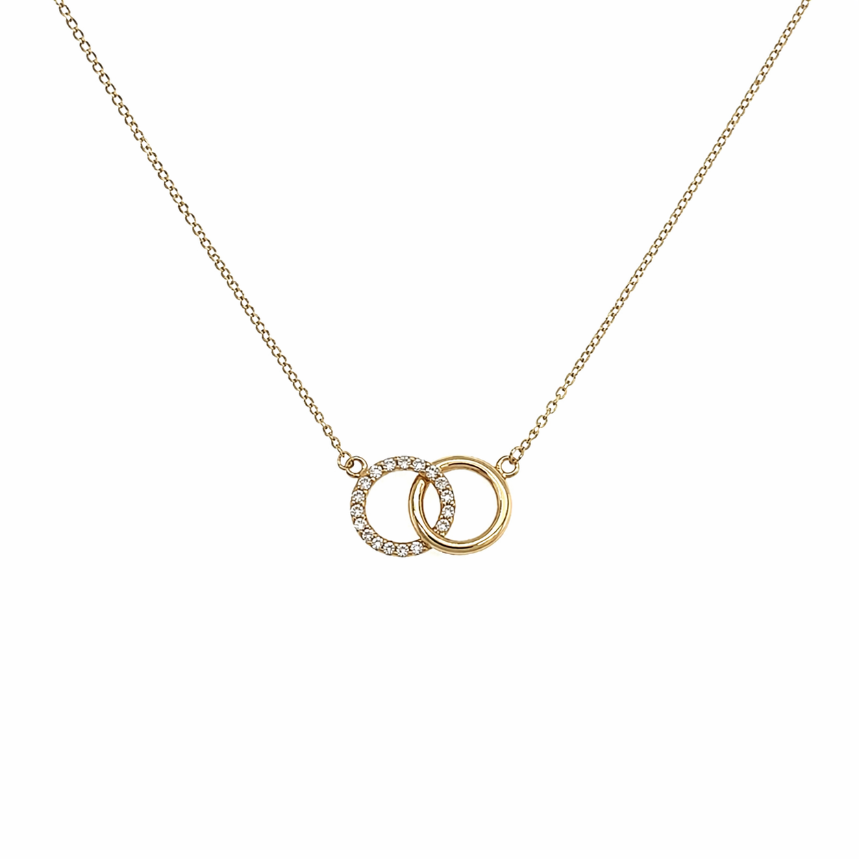 Kette aus 585 Gelbgold mit Zirkonia Anhänger – Zwei ineinandergreifende Ringe