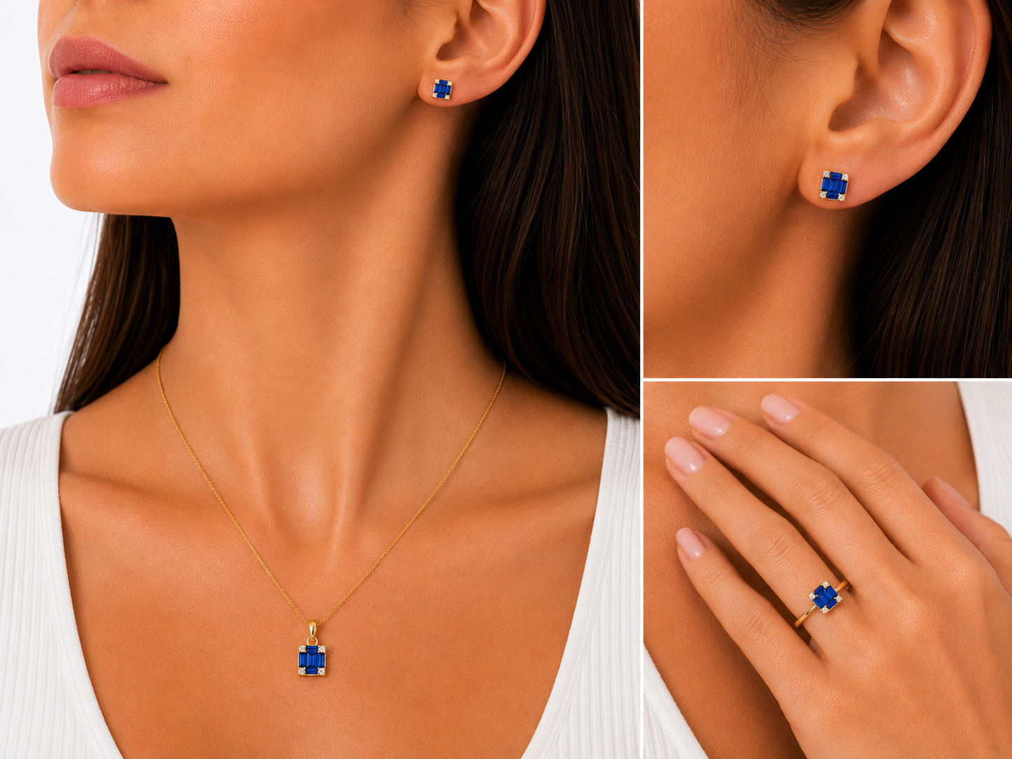 Schmuckset 585 Gelbgold mit blauen Zirkonia – Anhänger, Ring & Ohrstecker