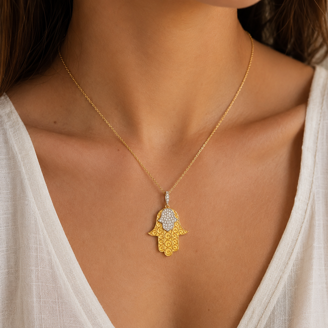 Hand der Fatima Kette 585 Gelbgold Bicolor mit Zirkonia
