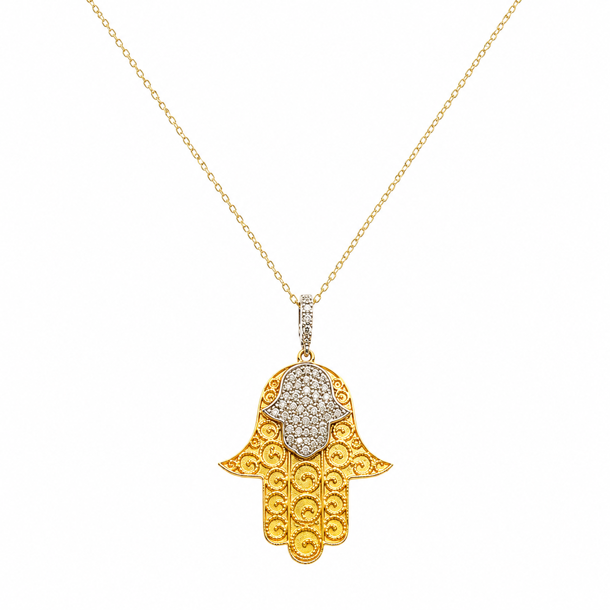 Hand der Fatima Kette 585 Gelbgold Bicolor mit Zirkonia