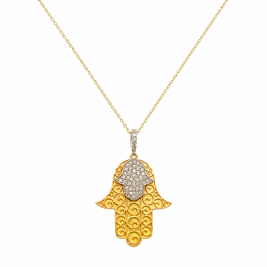 Hand der Fatima Kette 585 Gelbgold Bicolor mit Zirkonia