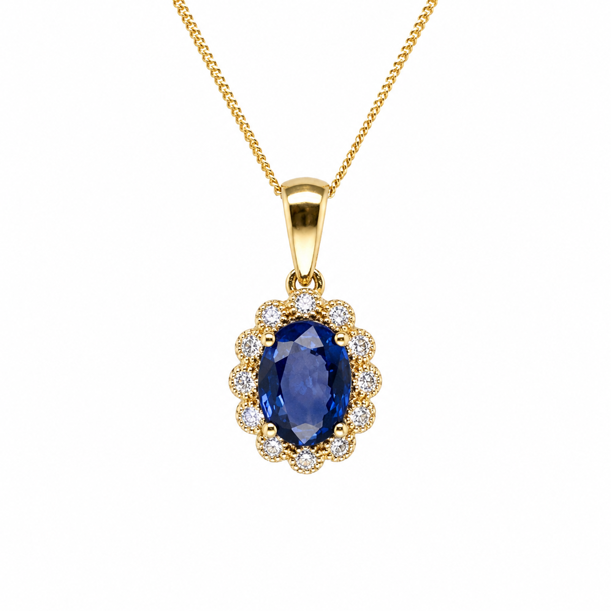 585 Gelbgold Kette Saphir Anhänger oval mit Brillantkranz 45 cm