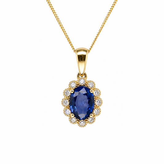585 Gelbgold Kette Saphir Anhänger oval mit Brillantkranz 45 cm