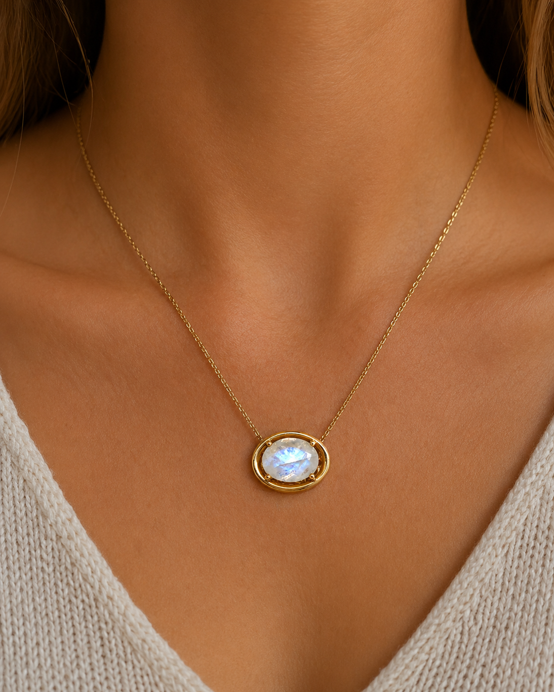 585 Gold Kette getragen mit Mondstein Anhänger