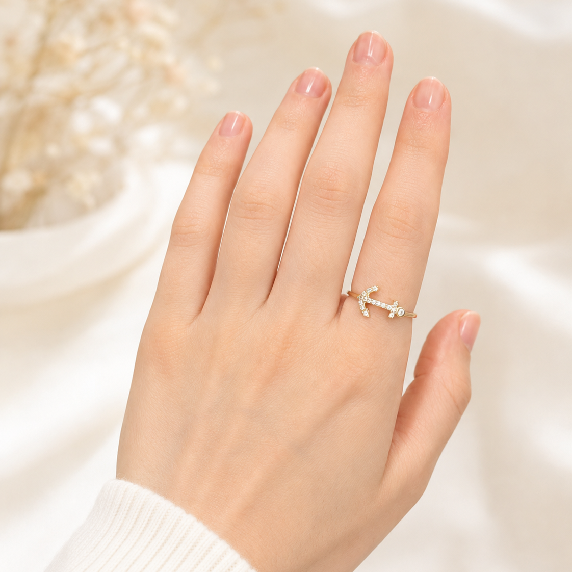 Damenring mit Anker-Motiv und Zirkonia aus 585er Gelbgold