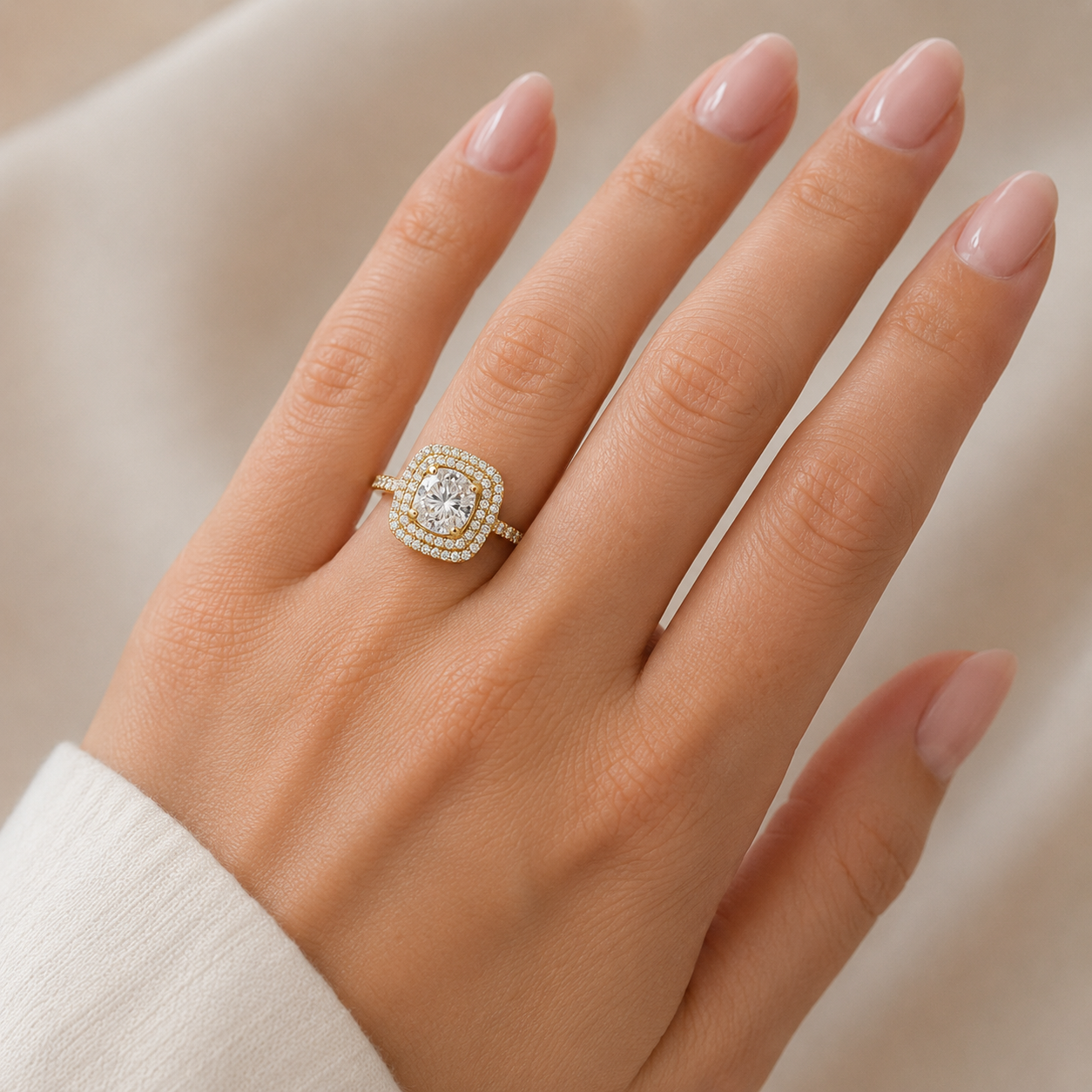Zirkonia Damenring aus Gelbgold getragen am Finger