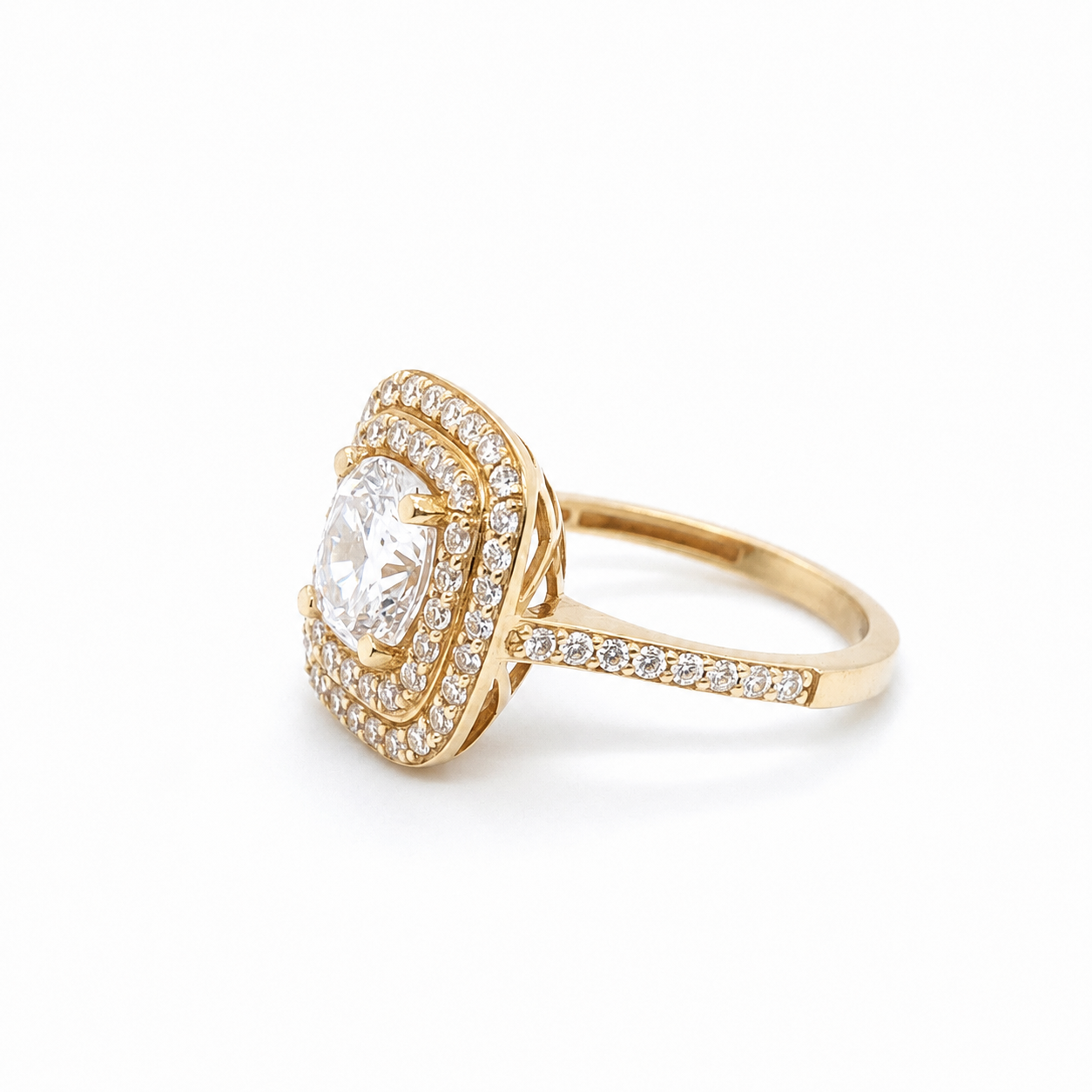 Eleganter Halo Ring 585 Gelbgold mit funkelnden Steinen