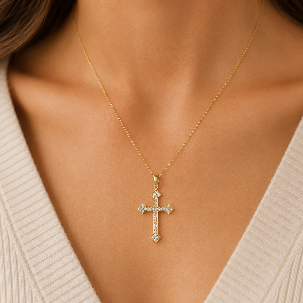 Gold Kreuz Anhänger mit funkelndem Zirkonia Besatz
