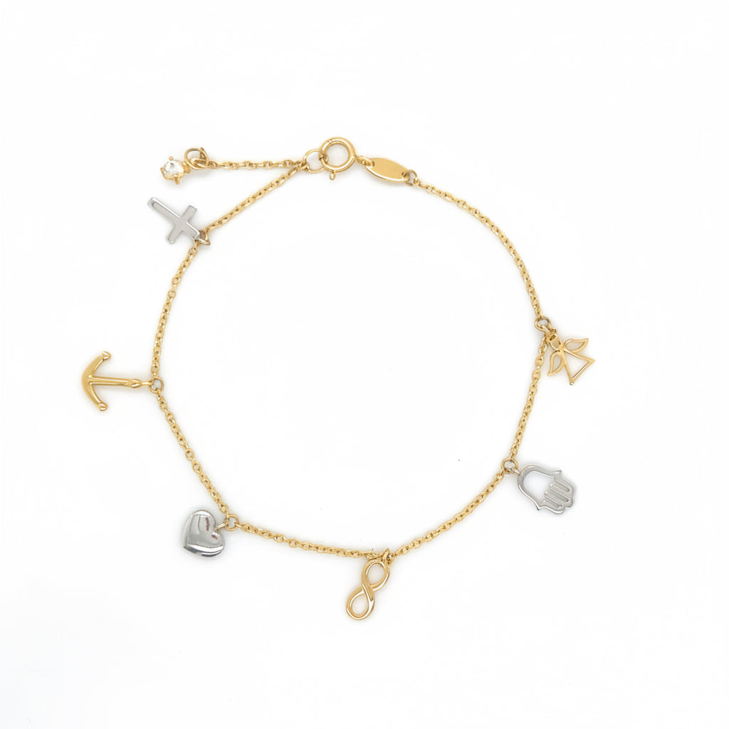 Bettelarmband aus 585 Gelbgold mit Weißgold-Symbolanhängern freigestellt