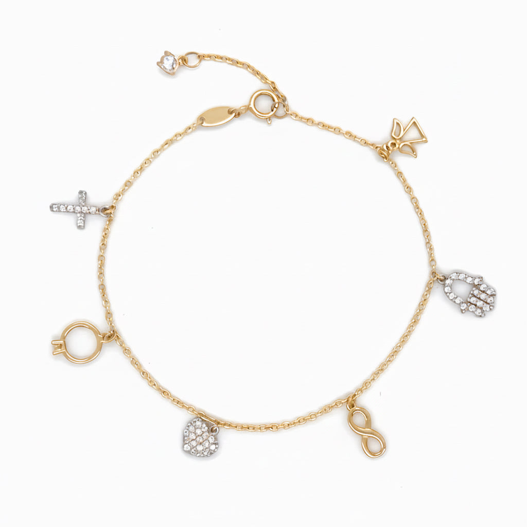 Bettelarmband aus 585 Gelbgold und Weißgold mit Zirkonia-Symbolanhängern freigestellt