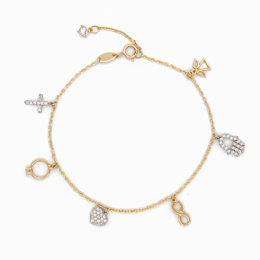 Bettelarmband aus 585 Gelbgold und Weißgold mit Zirkonia-Symbolanhängern freigestellt