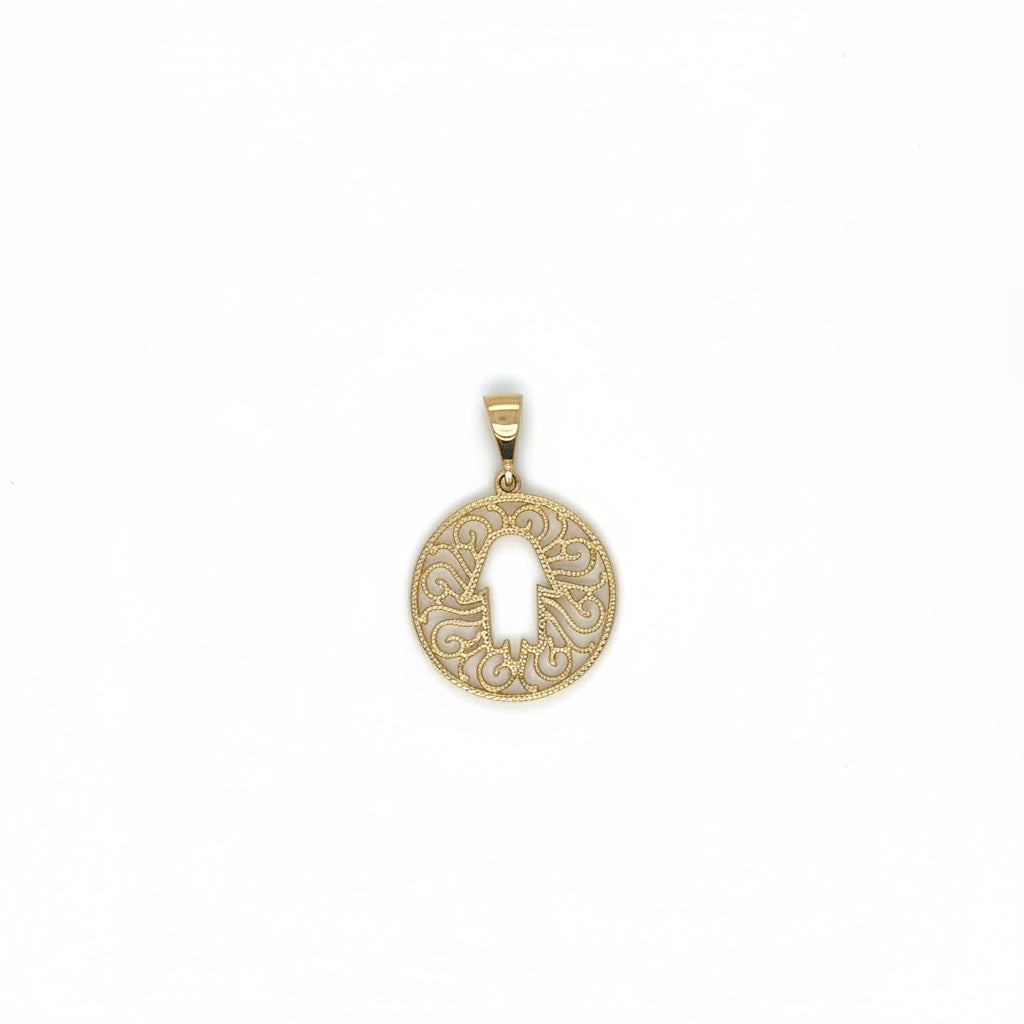 Anhänger 585 Gelbgold Fatima Hand rund – filigran (15 mm)