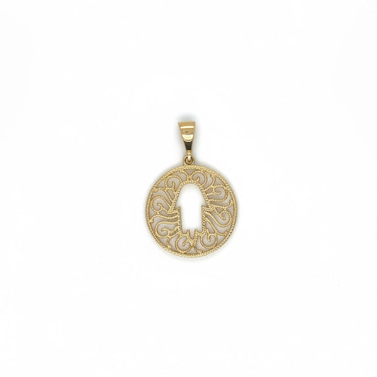 Anhänger 585 Gelbgold Fatima Hand rund – filigran (15 mm)