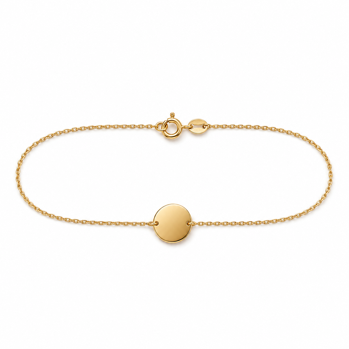 Zartes Ankerarmband aus 585 Gelbgold mit runder, hochglanzpolierter Gravurplatte und Federringverschluss in Frontansicht.