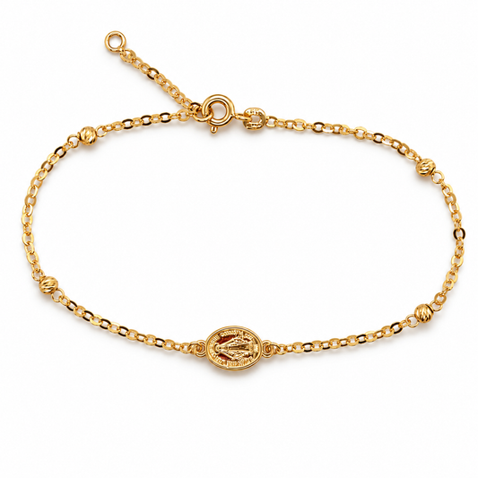 Armband aus 585 Gelbgold mit ovaler Marienmedaille, strukturierten Goldkugeln und Verlängerungskettchen in Frontansicht.