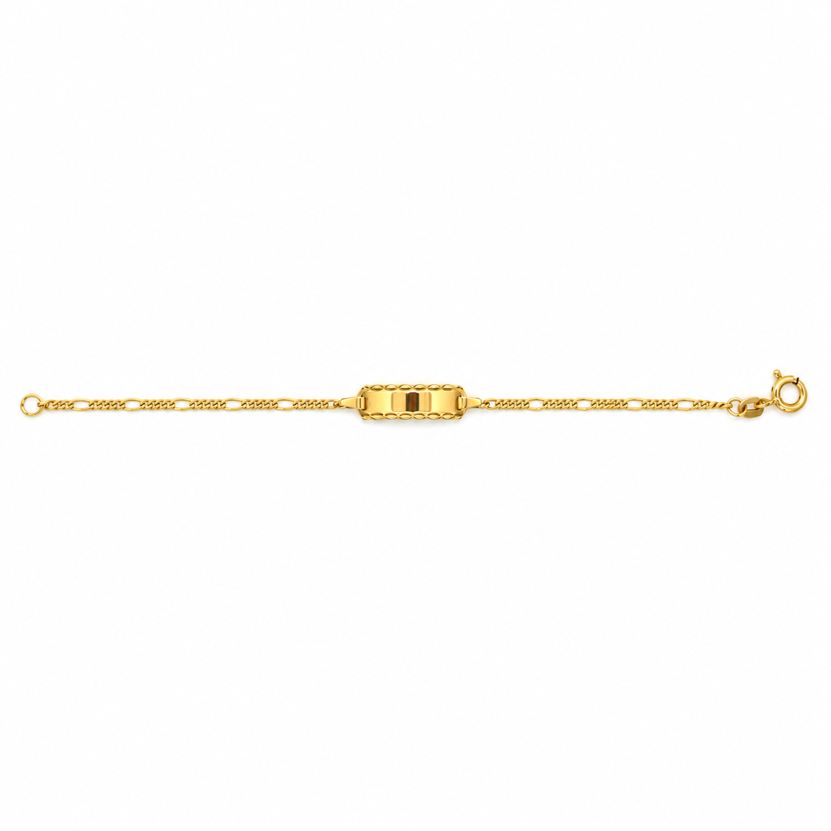 Babyarmband aus 585 Gelbgold mit verzierter Gravurplatte und größenverstellbarer Figarokette