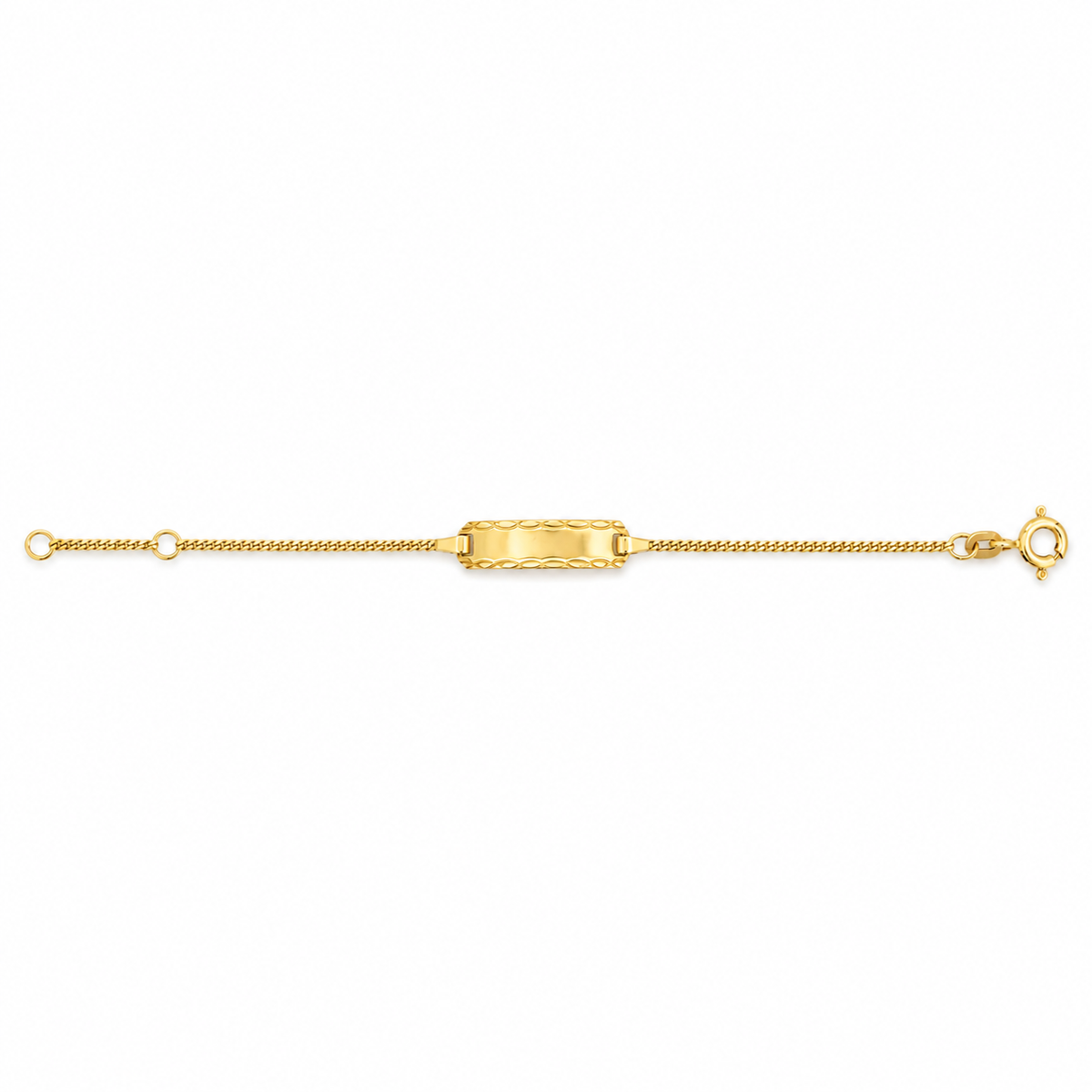Babyarmband aus 585 Gelbgold mit verzierter Gravurplatte und Panzermuster