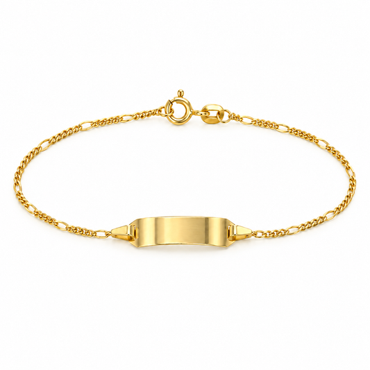 Babyarmband aus 585 Gelbgold mit Gravurplatte und Figarokette – Front