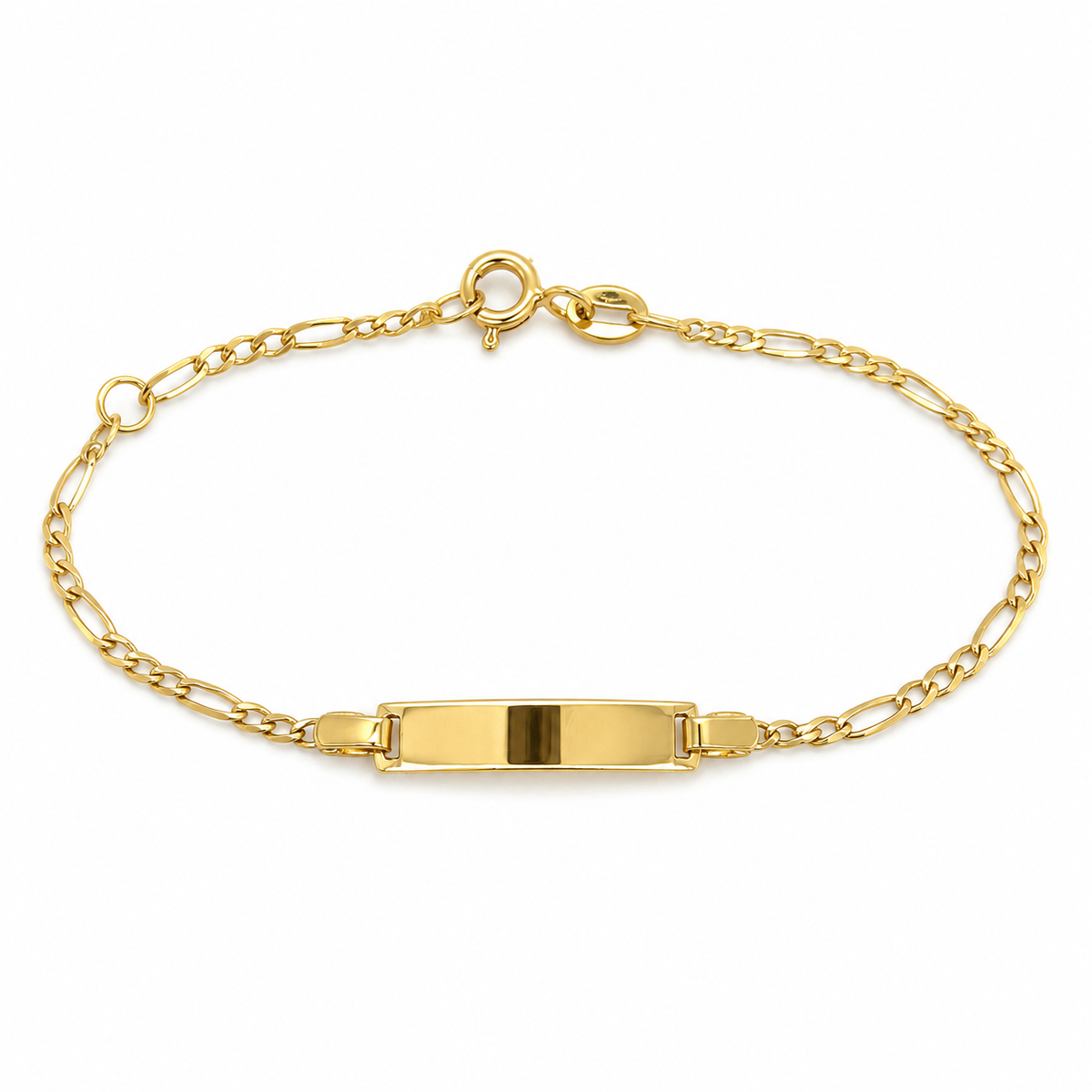 Kinderarmband aus 585 Gelbgold mit Gravurplatte und Figarokette – Frontansicht