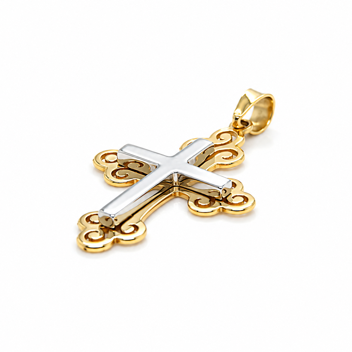 Bicolor Kreuz Anhänger aus 585 Gold mit Gelbgold und Weißgold in Schrägansicht