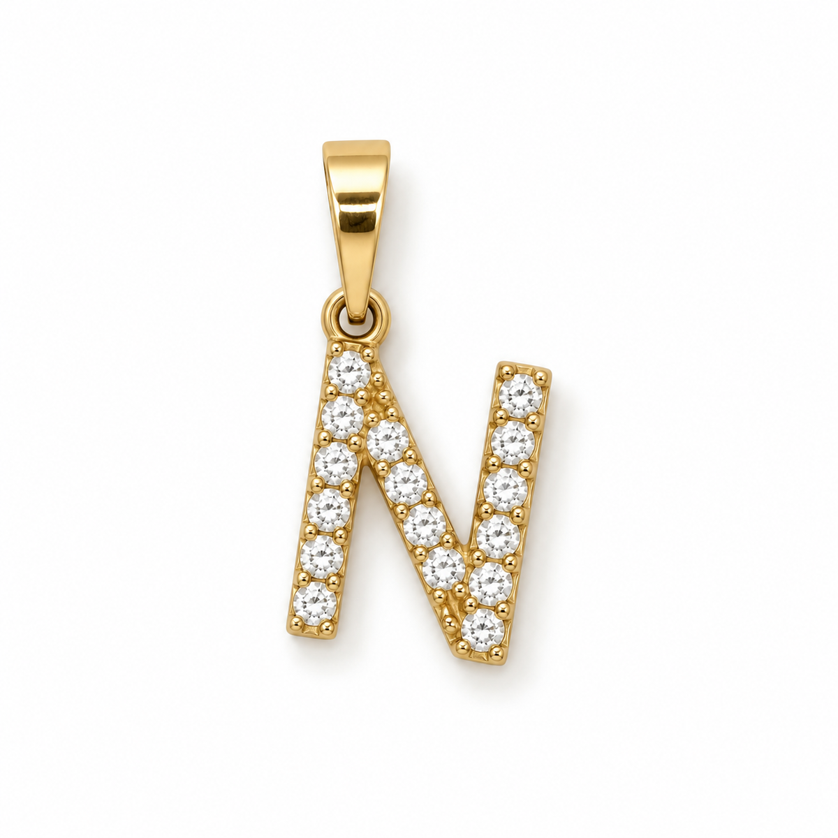 Buchstaben-Anhänger N aus 585 Gelbgold mit Zirkoniabesatz und polierter Öse.