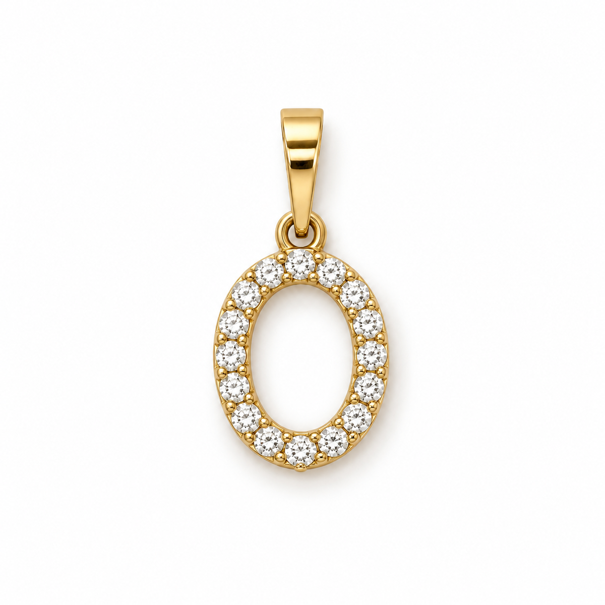 Oval geformter Buchstaben-Anhänger O aus 585 Gelbgold mit Zirkonia.