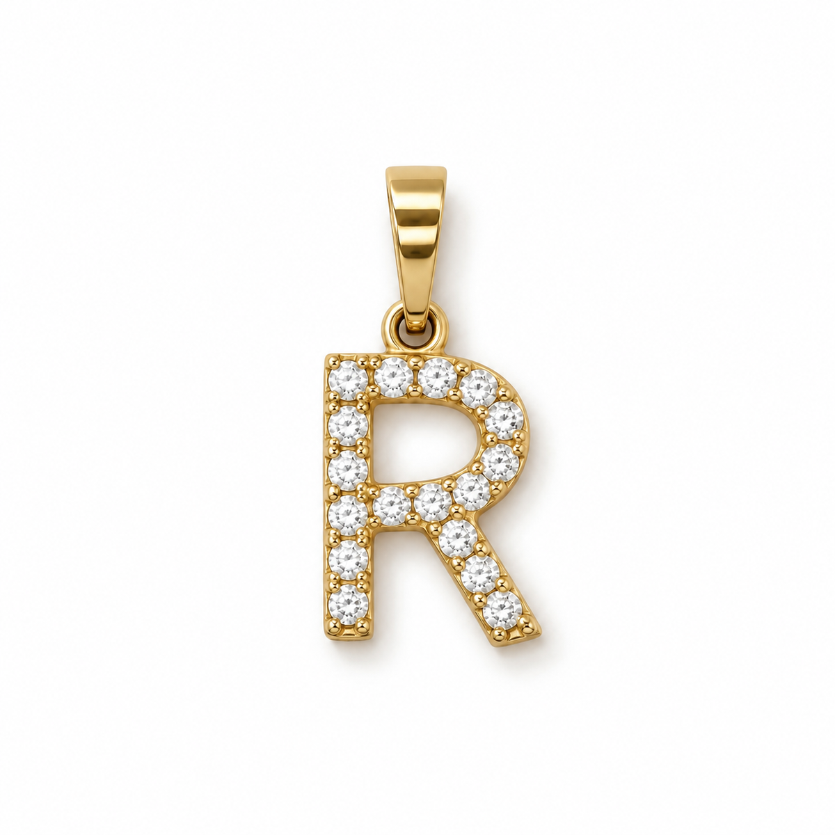 Buchstaben-Anhänger R aus 585 Gelbgold mit Zirkonia in Frontansicht.