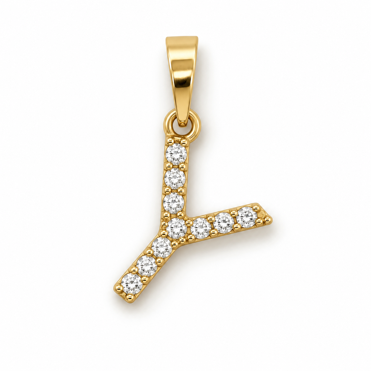 Buchstaben-Anhänger Y aus 585 Gelbgold mit Zirkonia und polierter Anhängeröse.