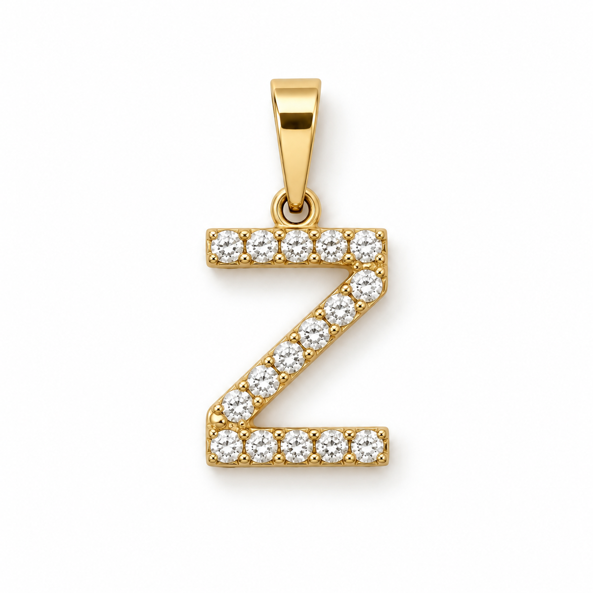 Buchstaben-Anhänger Z aus 585 Gelbgold mit Zirkoniabesatz auf weißem Hintergrund.