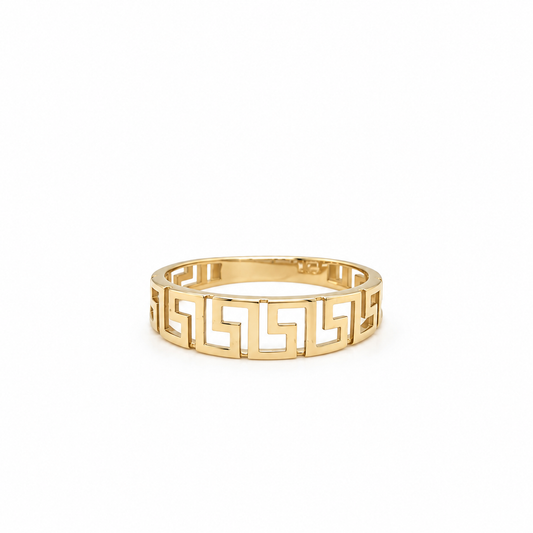 Damenring 585 Gelbgold mit geometrischem durchbrochenem Muster in Frontansicht