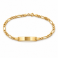 Figaro-Armband aus 585 Gelbgold mit polierter Gravurplatte, Karabinerverschluss und zusätzlicher Öse in Frontansicht.