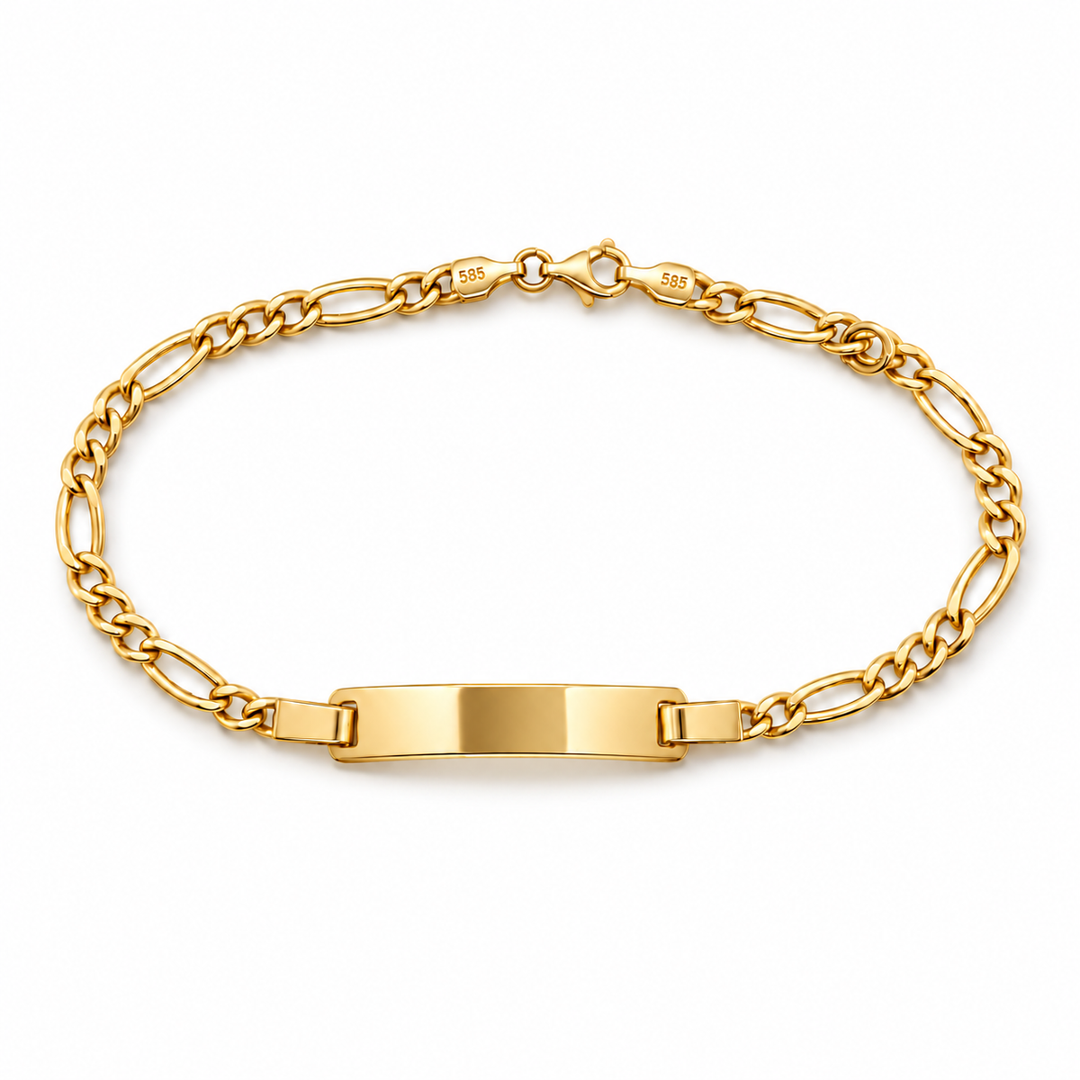 Figaro-Armband aus 585 Gelbgold mit polierter Gravurplatte, Karabinerverschluss und zusätzlicher Öse in Frontansicht.
